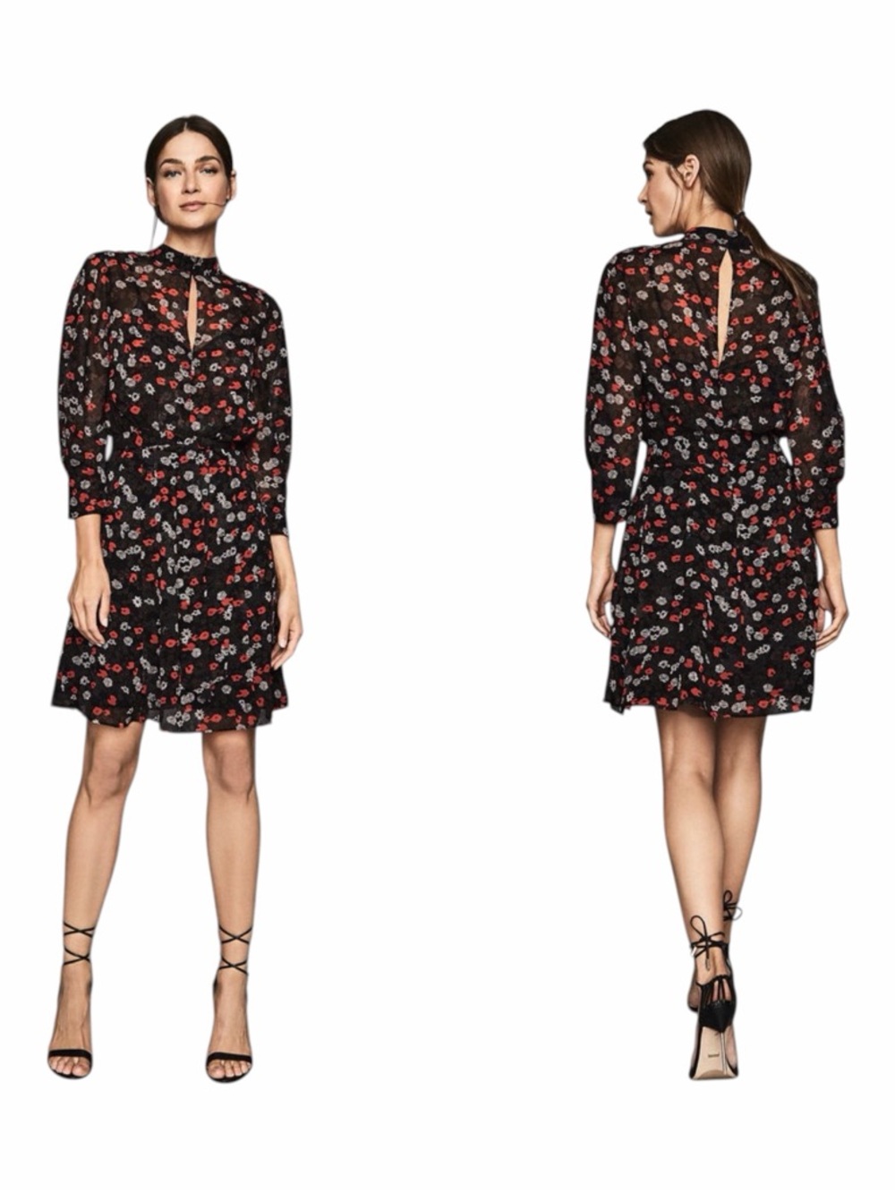 NWT! REISS Peony Poppy Print Red & Black Floral Dress. Size US 8/UK 12.